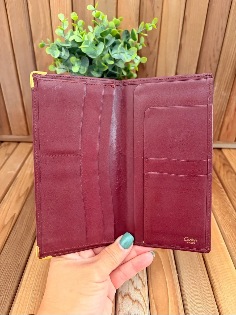 Cartier Paris Vintage Burgundy Leather Long Wallet, Gold Corner